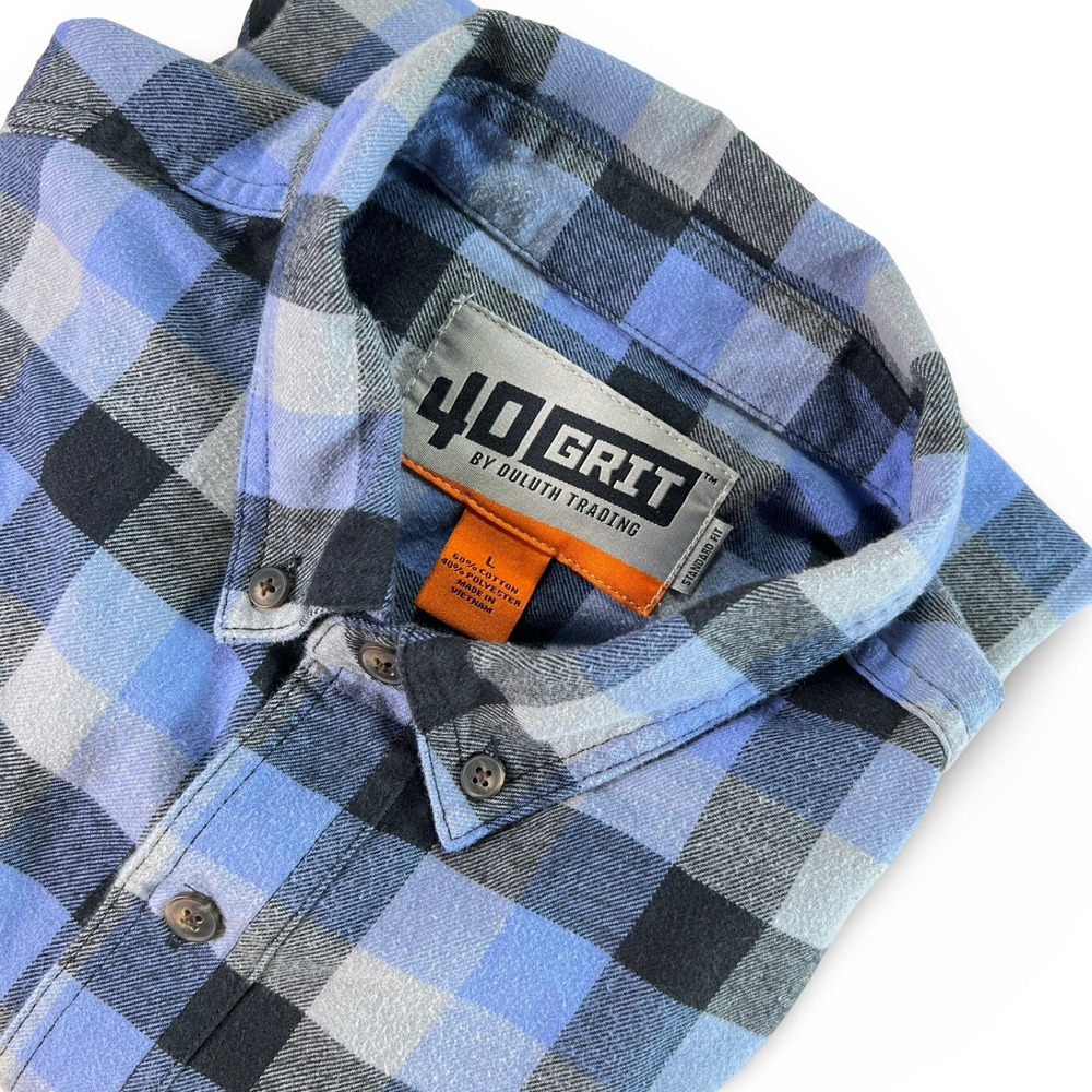 40 Grit by Duluth Trading Flannel Shirt Mens L Blue Plaid Button Up Standard Fit